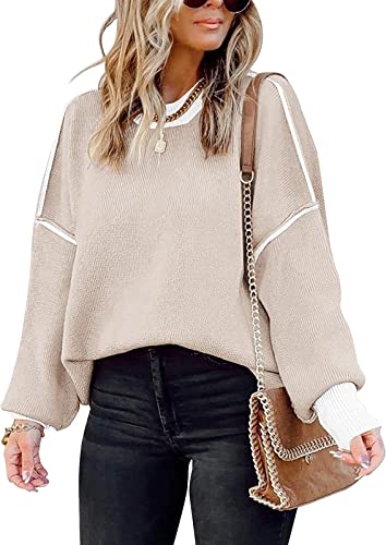 ETCYY Womens Oversized Sweaters Fall 2025 Fashion Clothes Trendy Batwing Sleeve Colorblock Striped Knit Pullover Tops,Apricot,Medium
