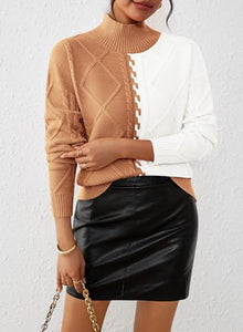 Pink Queen Women Winter Top Long Sleeve Knit Chunky Sweater Color Block Trendy Going Out Jumper Camel XL