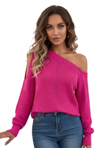 ACWUMU Womens Off Shoulder Crochet Sweater Fall Fashion 2025 Knit Tops Casual Long Sleeve Pullover Sweaters Rose