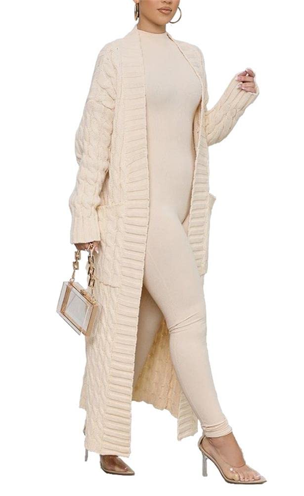 Long Duster Cardigans for Women, Womens Floor Length Cardigans Sweaters with Pockets Open Front Long Sleeve Plus Size Chunky Cable Knit Winter Coat Beige