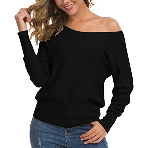 Feiersi Women's Off Shoulder Sweater Long Sleeve Loose Pullover Knit Jumper (Black,Medium)