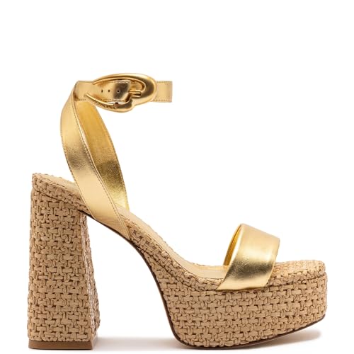 Larroudé, Dolly Verona Sandal In Gold Metallic Leather And Natural Raffia, 9.5, Gold