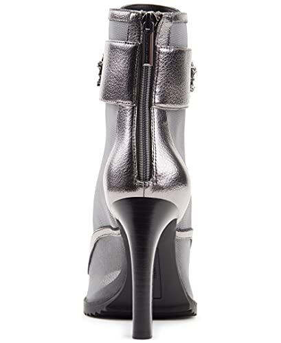 Karl Lagerfeld Paris Women's Blayze Peep-Toe Heeled Fashion Bootie with Stud Embellishments Boot, Silver, 8.5