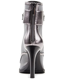 Karl Lagerfeld Paris Women's Blayze Peep-Toe Heeled Fashion Bootie with Stud Embellishments Boot, Silver, 8.5