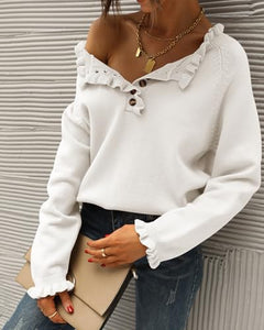 BTFBM Womens Sweaters Fall Winter Clothes 2025 Long Sleeve Button Down Ruffle Crew Neck Casual Knitted Pullover Tops(Solid White, Small)
