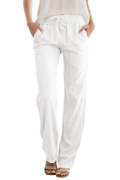 SEMARO Womens Casual Linen High Waist Pants Drawstring Loose Fit Summer Pants Trousers with Side Pockets White