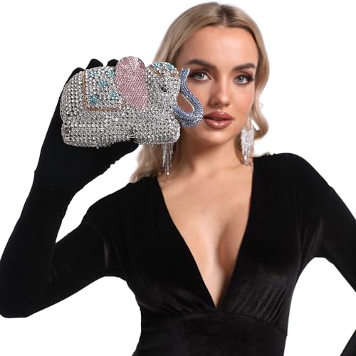 Boutique De FGG Elephant Crystal Clutch Bags Women Animal Rhinestone Evening Handbags Bridal Party Crystal Clutch Purse,Mini,Multi-White