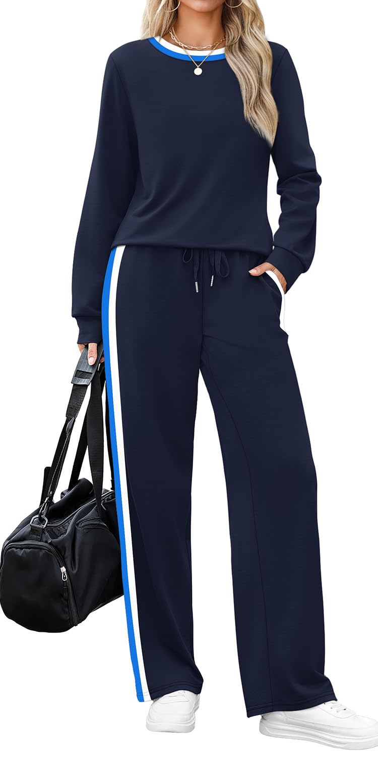 WIHOLL Lounge Sets for Women 2 Piece Winter Clothing 2025 Fall Outfits Fashion Cute Long Sleeve Tops Shirts Vacation Travel Cruise Airport Pajama Navy Blue M