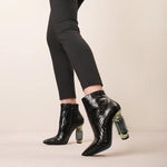 Load image into Gallery viewer, FSJ Women Chic Pointed Toe Crystal Chunky Block High Heel Ankle Boots Glossy Side Zipper Casual Daily Fashion Ladies Shoes Size 7 Black Snakeskin
