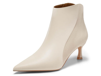 Coutgo Womens Kitten Heel Ankle Boots Pointed Toe Side Zipper Fall Winter Booties Shoes, Beige, Size 7.5