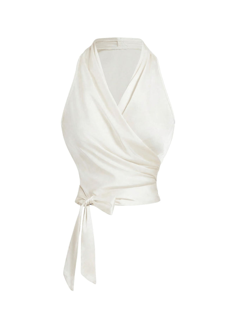 SHENHE Women's Satin Wrap Ruched Tie Side Tank Top Deep V Neck Sleeveless Elegant Blouse White X-Small