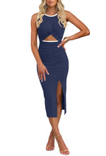 Load image into Gallery viewer, oten Women&#39;s Casual Sleeveless Cutout Side Slit Crew Neck Ribbed Knit Party Bodycon Midi Dresses Navy White Large
