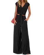Load image into Gallery viewer, PRETTYGARDEN Women&#39;s Summer 2 Piece Outfits 2025 Cap Sleeve V Neck Belted Crop Tops Wide Leg Pant Sets Casual Tracksuit(Solid Black,Medium)
