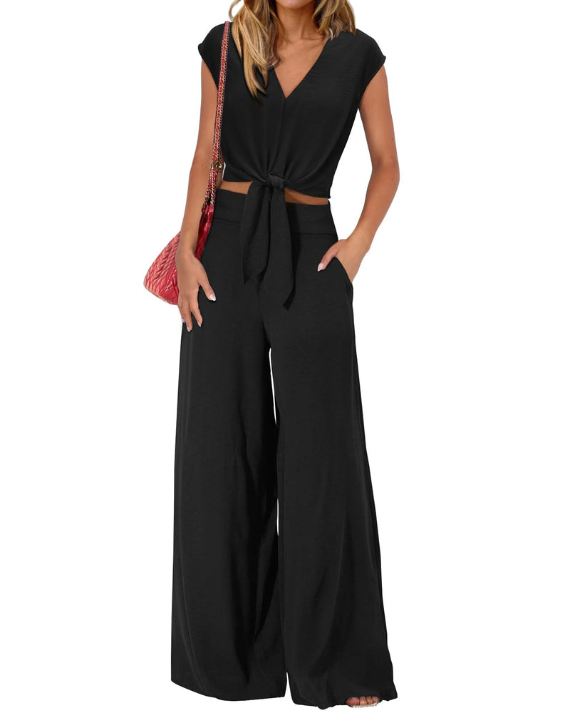 PRETTYGARDEN Women's Summer 2 Piece Outfits 2025 Cap Sleeve V Neck Belted Crop Tops Wide Leg Pant Sets Casual Tracksuit(Solid Black,Medium)