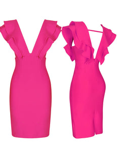 UONBOX Women's Ruffle Short Sleeve Plunge V Neck Bodycon Dress Back Split Bandage Party Club Dress Rose L
