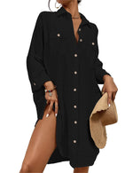 Load image into Gallery viewer, Bsubseach Womens Modern Swimsuit Cover Up Blouse Button Down Shirt Dresses Tops Black M
