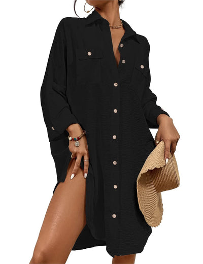 Bsubseach Womens Modern Swimsuit Cover Up Blouse Button Down Shirt Dresses Tops Black M