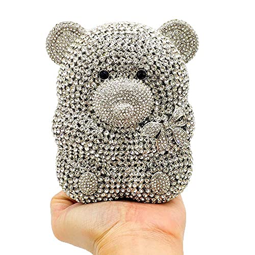 Boutique De FGG Bear Evening Bags and clutches for Women Formal Crystal Clutch Purse Party Animal Rhinestone Handbags,Mini,Silver