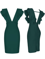 Load image into Gallery viewer, UONBOX Women's Ruffle Short Sleeve Plunge V Neck Bodycon Dress Back Split Bandage Party Club Dress Green S
