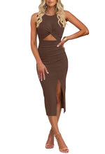 Load image into Gallery viewer, oten 2025 Summer Midi Dresses for Women Sleeveless Bodycon Front Cut Out Rib Vacation Holiday Dress for Party Brown Medium
