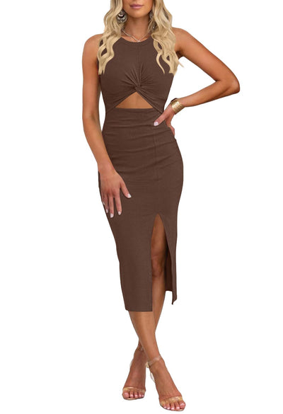 oten 2025 Summer Midi Dresses for Women Sleeveless Bodycon Front Cut Out Rib Vacation Holiday Dress for Party Brown Medium