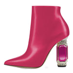 Load image into Gallery viewer, FSJ Women Chic Pointed Toe Crystal Chunky Block High Heel Ankle Boots Glossy Side Zipper Casual Daily Fashion Ladies Shoes Size 7 Fuchsia

