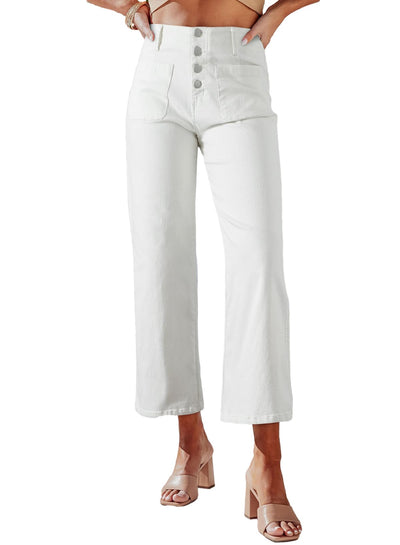 Sidefeel Women's Wide Leg Jeans High Waisted Stretchy Straight Leg Jeans Buttoned Loose Denim Pants with Pocket White Size 4 Short