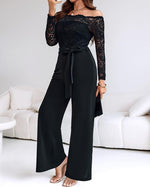 Load image into Gallery viewer, Women Off Shoulder Long Sleeve Black Jumpsuit Floral Embroidery Lace Overalls Casual Wide Leg Rompers with Belt Black-L
