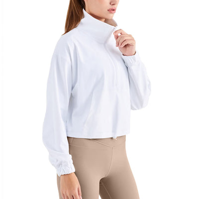 altiland Half Zip Pullover Cropped Jackets for Women Long Sleeve Workout Athletic Running Yoga Shirts (M, White)