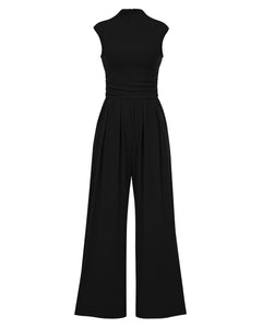 KIRUNDO Wide Leg Jumpsuits Dressy Casual Summer Petite One Piece Cap Sleeve High Neck Jumpsuit Funeral Outfit Airport Outfits for Women 2025 (Black, Small)