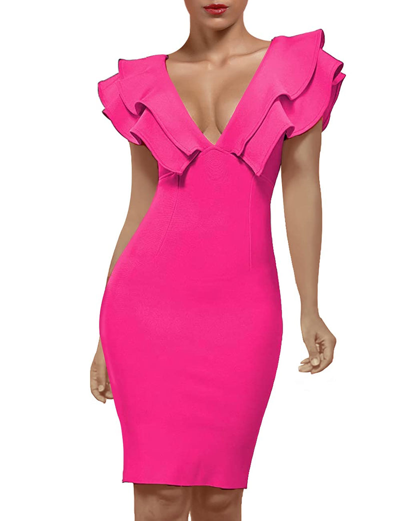 UONBOX Women's Ruffle Short Sleeve Plunge V Neck Bodycon Dress Back Split Bandage Party Club Dress Rose L