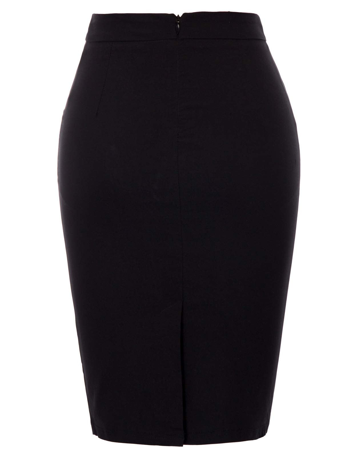 Kate Kasin Women Solid Color Split Stretchy Bodycon Knee Length Pencil Skirt with Pockets (Black, Large)