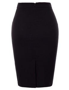 Kate Kasin Women Solid Color Split Stretchy Bodycon Knee Length Pencil Skirt with Pockets (Black, Large)