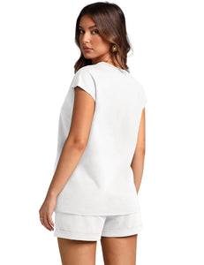 WIHOLL Two Piece Sets for Women Going Out Summer White Short Sleeve Shirts Loungewear Set Medium