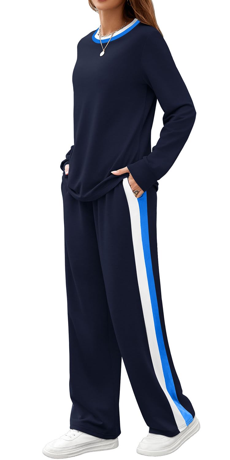 WIHOLL Lounge Sets for Women 2 Piece Winter Clothing 2025 Fall Outfits Fashion Cute Long Sleeve Tops Shirts Vacation Travel Cruise Airport Pajama Navy Blue M
