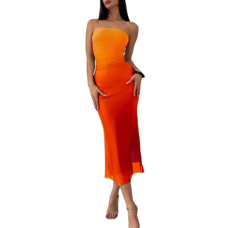 LIGHT DOT Women's Summer Dress Gradient Strapless Tube Dress Bodycon Long Dress Side Slit Mesh Layered (Orange,XL)