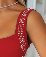 Load image into Gallery viewer, Womens Sexy Elegant Rhinestone Square Neck Sleeveless Bodycon Red Midi Dress Cocktail Party Club Night Out Dress Red-M
