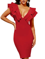 Load image into Gallery viewer, UONBOX Women's Ruffle Short Sleeve Plunge V Neck Bodycon Dress Back Split Bandage Party Club Dress Red L

