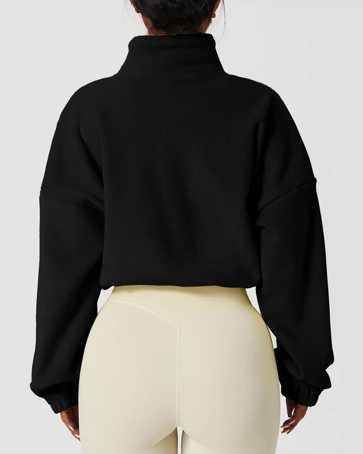 QINSEN Women's Full Zip Fleece Short Jacket Warm Winter Long Sleeve Stand Collar Sherpa Crop Coat Black M