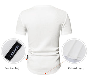 JMIERR Mens Muscle Slim Fit Button Henley Shirts Summer Crewneck Short Sleeve Longline Fitted T-Shirt Gym Workout Athletic Tee Shirt for Man, 2XL, White