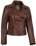 Load image into Gallery viewer, Blingsoul Asymmetrical Leather Jacket Women - Real Lambskin Brown Leather Jacket Women | [1313634] Geneva Brown, L
