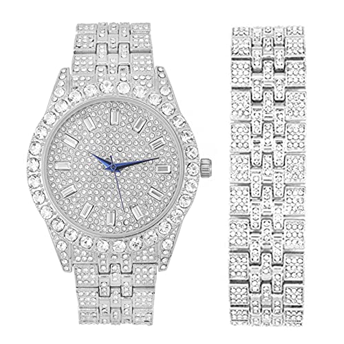 Charles Raymond Mens Watch w/Matching Iced Rolly Hip Hop Bracelet - Big Rhinestones on Trim and Elegant Baguette Time Indicators on Dial - Master Bling Designer - ST10226B (Silver)
