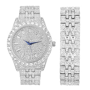 Charles Raymond Mens Watch w/Matching Iced Rolly Hip Hop Bracelet - Big Rhinestones on Trim and Elegant Baguette Time Indicators on Dial - Master Bling Designer - ST10226B (Silver)