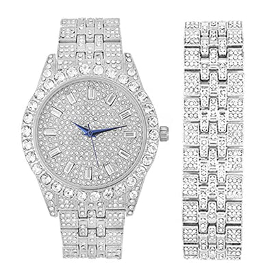 Charles Raymond Mens Watch w/Matching Iced Rolly Hip Hop Bracelet - Big Rhinestones on Trim and Elegant Baguette Time Indicators on Dial - Master Bling Designer - ST10226B (Silver)