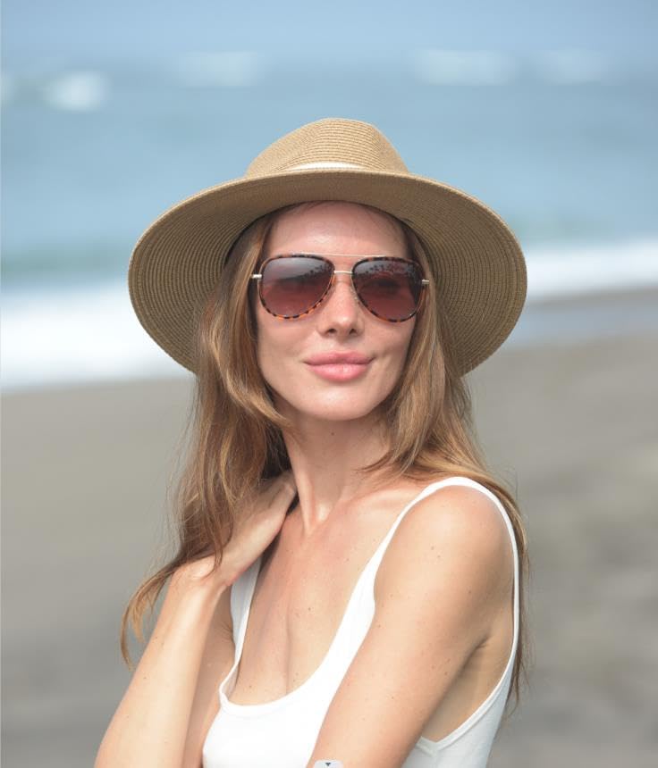 FURTALK Womens Mens Wide Brim Straw Panama Hat Fedora Summer Beach Sun Hat UPF Straw Hat for Women Khaki-Beige
