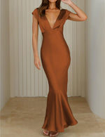 Load image into Gallery viewer, Halfisland Womens Summer Satin V Neck Cap Sleeve Backless Maxi Dress Elegant Twist Cut Out Midi Dresses Wedding Guest Brown
