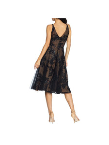 Dress the Population Women's Courtney Sleeveless Veiled Fit & Flare Midi Dress -Blacknude, X-Large