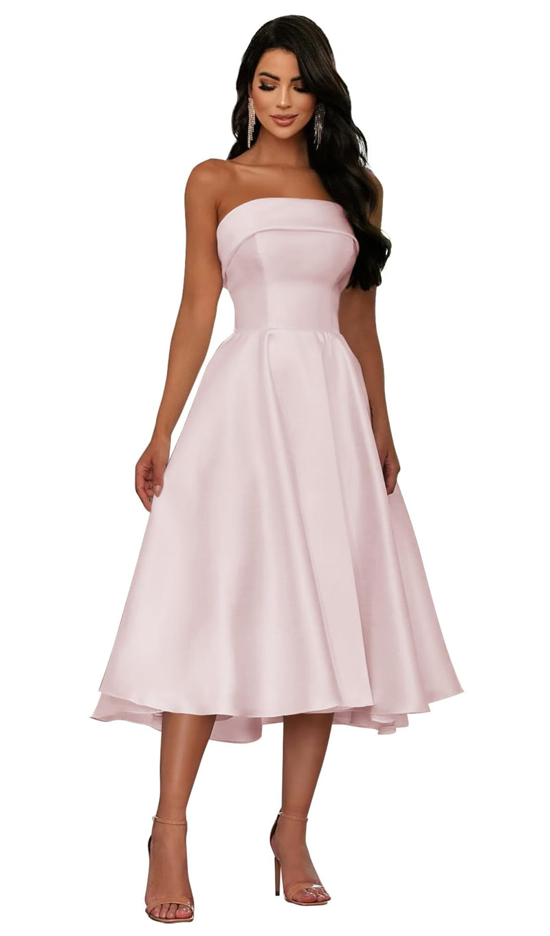 QZLDHG Satin Prom Dresses Tea Length Ball Gown Ruched Strapless Formal Evening Party Dress Blush Pink Size 6