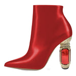 Load image into Gallery viewer, FSJ Women Chic Pointed Toe Crystal Chunky Block High Heel Ankle Boots Glossy Side Zipper Casual Daily Ladies Shoes Size 7 Bright Red
