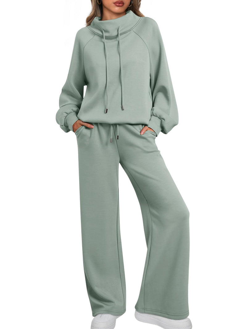 AUTOMET Lounge Sets for Women Sweatsuits 2 Piece Outfits 2025 Fall Drawstring Sweatshirt Wide Leg Sweatpants Tracksuit SageGreen XS